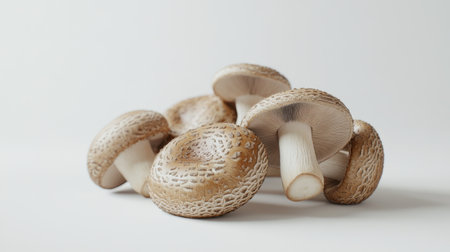 A bunch of shiitake mushrooms displayed on a minimalist white background, with soft shadows adding depth and dimension to their natural form.の素材