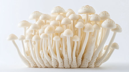 A close-up of a cluster of fresh Shimeji mushrooms on a clean white background, showcasing their delicate textures and earthy tones.の素材