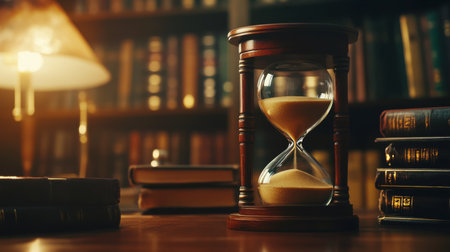 A close-up of a classic sand timer with golden sand flowing from the top to the bottom, set against a blurred background of books and a desk lamp.の素材