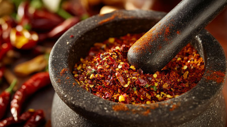 A close-up of a mortar and pestle grinding dried chili peppers into a fine powder, with whole chilies and other spices nearbyの素材