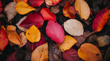 A close-up of vibrant autumn leaves in shades of red, orange, and yellow, scattered on the ground with a soft focus on their intricate details.の素材