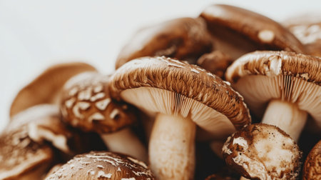 A close-up of fresh shiitake mushrooms with dark brown caps and textured gills, displayed on a white background for a clean, minimalist lookの素材