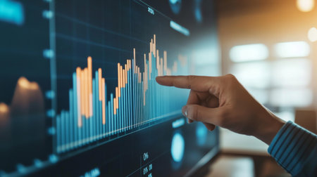 A business professional pointing at a bar chart on a large screen in a conference room, emphasizing financial growth and key metrics to colleagues.の素材