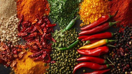 A close-up of various dried chili peppers, including red and green varieties, with an array of colorful spices and herbs scattered around.の素材
