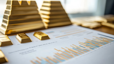 A close-up of a printed financial report featuring gold price graphs and charts, including historical trends and market predictions, placed on a desk.の素材