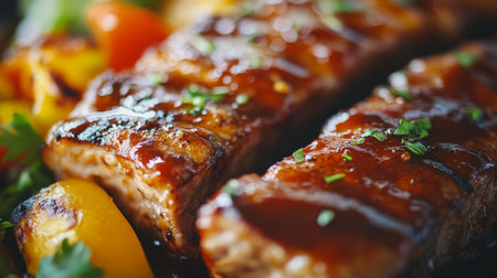 A close-up of tender, fall-off-the-bone grilled pork ribs covered in a rich barbecue sauce, with a side of grilled vegetables.の素材