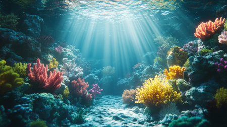 A coral reef with sunlight filtering through the water, highlighting the vivid colors and complex formations of the coralsの素材