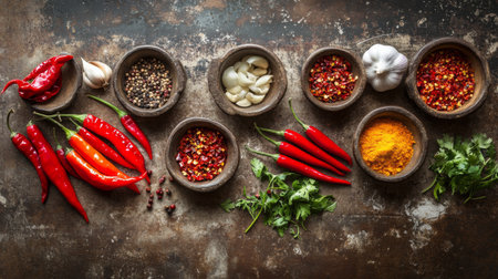 A colorful spread of chili peppers, garlic, and various seasonings laid out on a rustic kitchen counter, ready for cooking or food preparation.の素材
