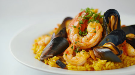 A dish of seafood paella with a mix of shrimp, mussels, and saffron rice, artistically arranged on a white plate, set against a white background.の素材