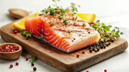 A fresh fish steak seasoned and ready for grilling, placed on a cutting board with various herbs and spices surrounding it.の素材