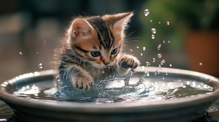 A cute kitten splashing in a shallow bowl of water, playfully pawing at the ripples, with water droplets glistening on its fur.の素材