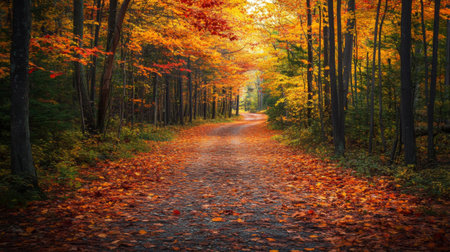 A forest trail blanketed in a mix of orange, red, and yellow leaves, with dappled sunlight filtering through the canopy, highlighting the autumn colors.の素材