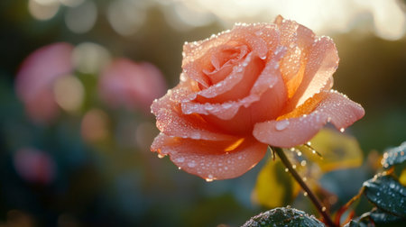 A delicate rose with dew drops gently resting on its petals, captured in a natural outdoor setting with morning lightの素材