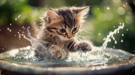 A cute kitten splashing in a shallow bowl of water, playfully pawing at the ripples, with water droplets glistening on its fur.の素材