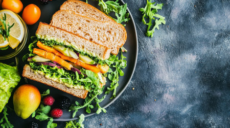A healthy lunch setup with a sandwich made from fresh green leafy vegetables, such as lettuce and arugula, alongside a side of fresh fruit.の素材