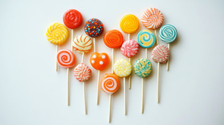 A creative composition of lollipops arranged in a heart shape, with a variety of colors and patterns, perfect for a sweet-themed celebration.の素材