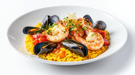 A dish of seafood paella with a mix of shrimp, mussels, and saffron rice, artistically arranged on a white plate, set against a white background.の素材