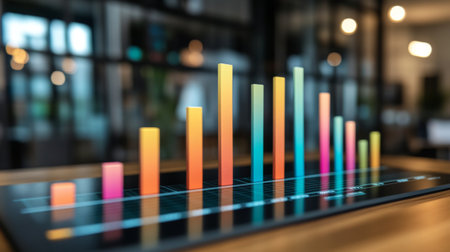 A digital bar chart showing financial performance over time, with bars in various colors representing different metrics, set against a modern office backgroundの素材