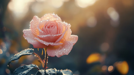 A delicate rose with dew drops gently resting on its petals, captured in a natural outdoor setting with morning lightの素材