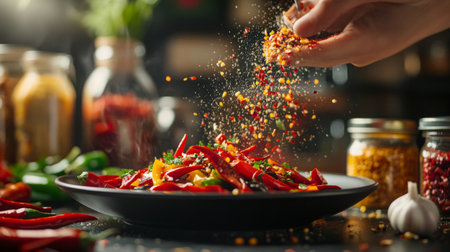 A delicious dish being garnished with sliced chili peppers and a sprinkle of chili flakes, with various seasoning jars and fresh chilies in the background.の素材