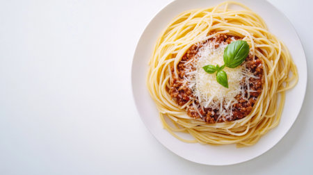 A flat lay of spaghetti bolognese on a white plate, with grated cheese and basil, presented on a clean white background.の素材