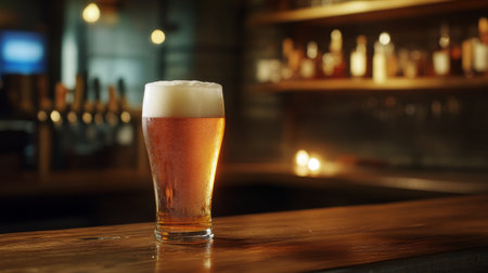 A frosty glass of beer with a perfect foam head, set on a wooden bar counter with soft, ambient lighting.の素材