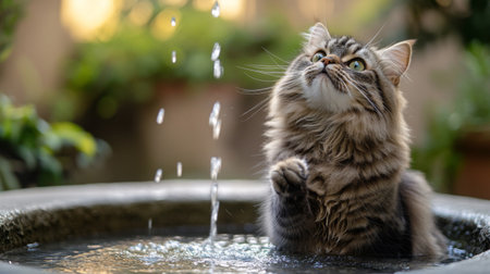 A fluffy cat sitting near a water fountain, dipping its paw into the flowing water while looking up with an adorably curious expression.の素材