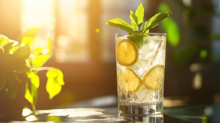 A highball glass with a sleek, modern design, filled with ice-cold lemonade and a sprig of mint, set against a bright, sunny background.の素材