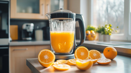A kitchen counter with a blender and fresh oranges being prepared for making blended orange juice, with the blender in action.の素材