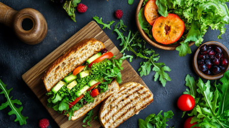 A healthy lunch setup with a sandwich made from fresh green leafy vegetables, such as lettuce and arugula, alongside a side of fresh fruit.の素材