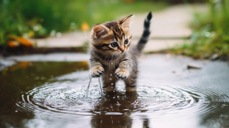 A kitten standing in a small puddle, happily batting at the water with its paws, creating ripples and splashes in a cute, playful moment.の素材
