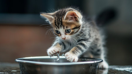 A kitten standing on the edge of a water bowl, cautiously pawing at the water while looking intrigued and playful.の素材