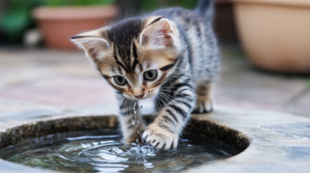 A kitten standing on the edge of a water bowl, cautiously pawing at the water while looking intrigued and playful.の素材