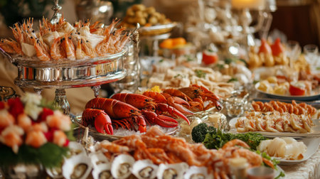 A luxurious seafood buffet with an array of dishes including lobster, crab, shrimp, and oysters, arranged elegantly on a long table.の素材