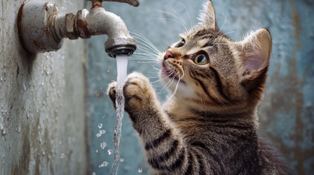 A mischievous cat playing with water from a faucet, batting at the dripping stream with excitement and curiosity.の素材
