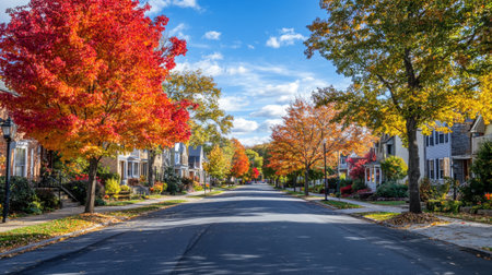 A picturesque, tree-lined street with colorful autumn foliage, leading towards charming, historic buildings and a clear blue sky.の素材