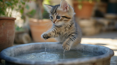 A kitten standing on the edge of a water bowl, cautiously pawing at the water while looking intrigued and playful.の素材