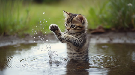 A kitten standing in a small puddle, happily batting at the water with its paws, creating ripples and splashes in a cute, playful moment.の素材