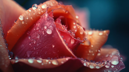 A macro shot of a rosebud with dew drops clinging to its soft petals, showcasing the intricate texture and glistening details.の素材