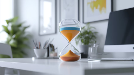 A modern sand timer with colored sand, placed on a clean, white desk with a minimalistic setup, showcasing its stylish design.の素材