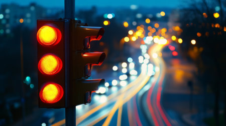 A night view of a traffic light with glowing signals, with light trails of moving cars and a blurred cityscape in the background.の素材