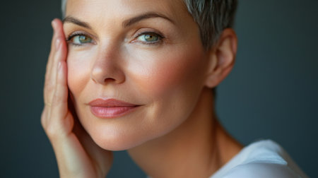 A mature woman gently touching her face, showing off smooth, well-maintained skin, and a confident expression that radiates self-care and beautyの素材