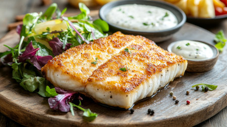 A mouth-watering fish steak with a crispy crust, garnished with a fresh salad and a side of creamy sauce, displayed on a rustic wooden tableの素材