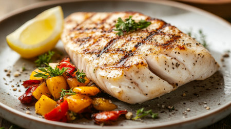 A perfectly grilled fish steak served on a plate with a side of saut vegetables and a lemon wedge, garnished with fresh herbs.の素材