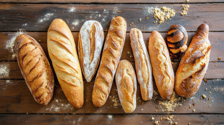 A rustic wooden table with a variety of freshly baked breads, including baguettes, sourdough, and ciabatta, arranged with some crumbs scattered around.の素材