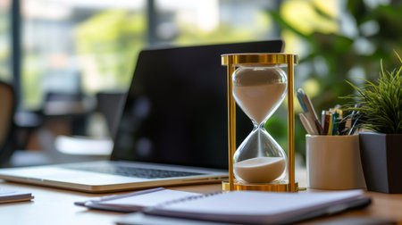 A sand timer placed on a modern office desk with a laptop and notebooks, symbolizing time management and productivity.の素材