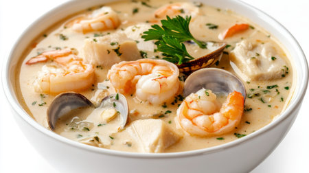 A bowl of creamy seafood chowder with clams, shrimp, and fish chunks, garnished with fresh parsley, set against a pristine white background.の素材