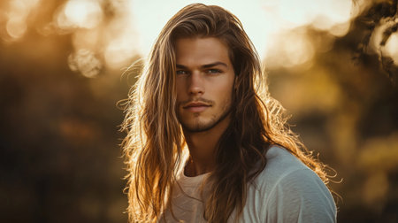 A man with a long, flowing hairstyle, styled with soft waves, set against a natural outdoor backdrop to emphasize a relaxed and carefree vibe.の素材