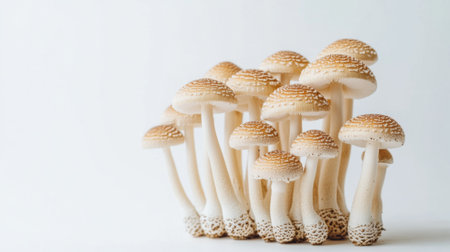 A bunch of Shimeji mushrooms standing upright on a plain white background, with the focus on their slender stems and small caps.の素材