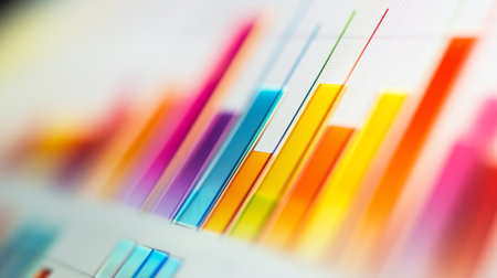 A close-up of a financial bar chart on a computer screen, displaying rising and falling data points, with a focus on vibrant, colorful bars against a white background.の素材